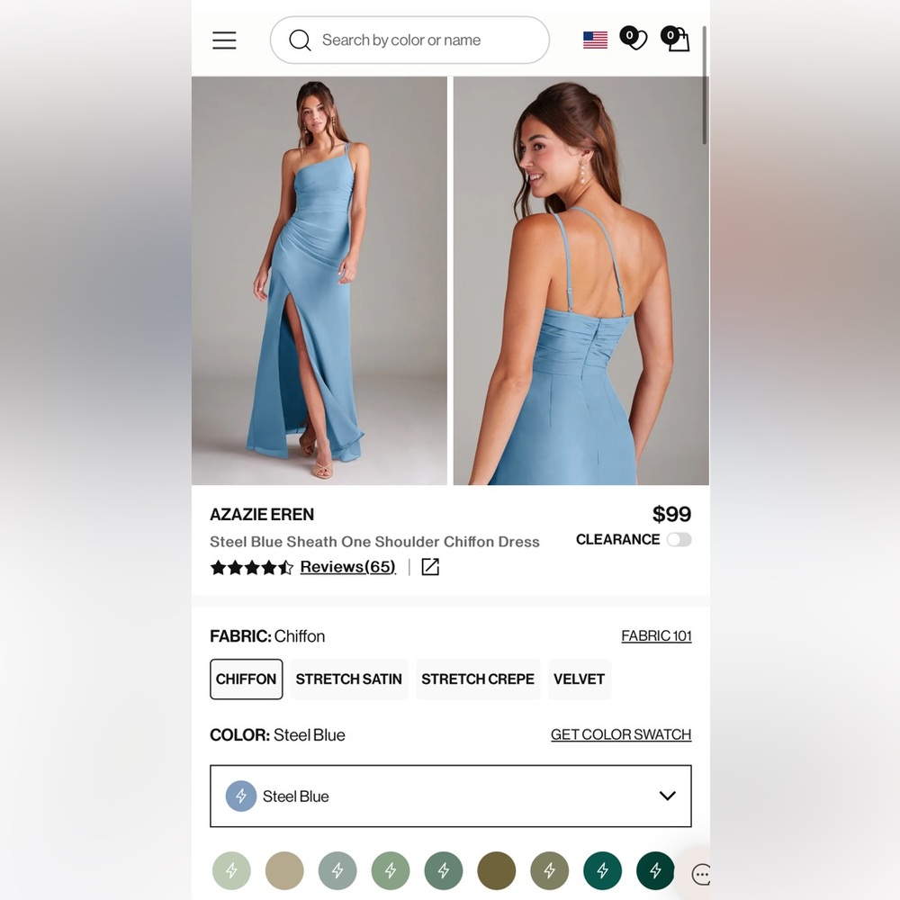 Azazie Eren / Erin Steel Blue One Shoulder Chiffon Dress - worn once - size A4